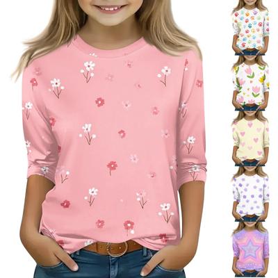 Kid's Round Neck Cute Flower Day Print Lightweight Spring/Summer Top