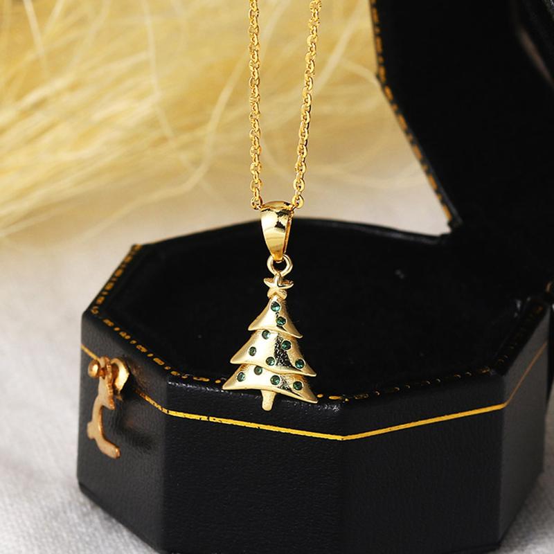Christmas Tree Pendant Necklace For Women Aesthetic Green Crystal Gold Color Korean Fashion Choker Chains Neck Jewelry Gift N181