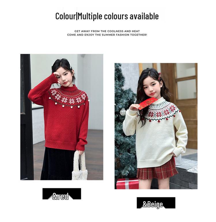 Girls' Retro Jacquard Knit Sweater - Round Neck, Long Sleeves, Autumn/Winter 2025 Collection