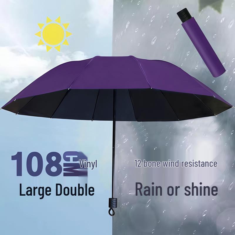Yu Zhong Dual-Use Large Folding Umbrella for Men & Women, Sun & Rain Protection, Black Glue Shade, Perfect Gift.