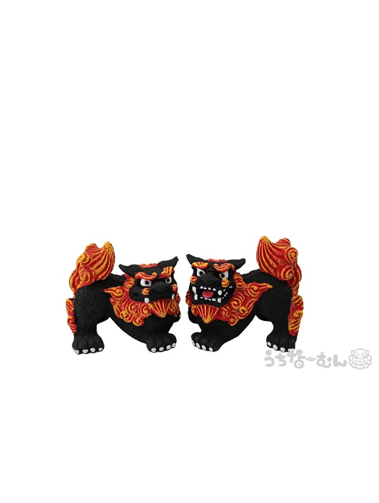 Okinawan Curry Shisa Pair Okinawa Lucky Good Feng with Sticker - Souvenir, Amulet, Charm, Fortune, Shui, Black, Horizontal,