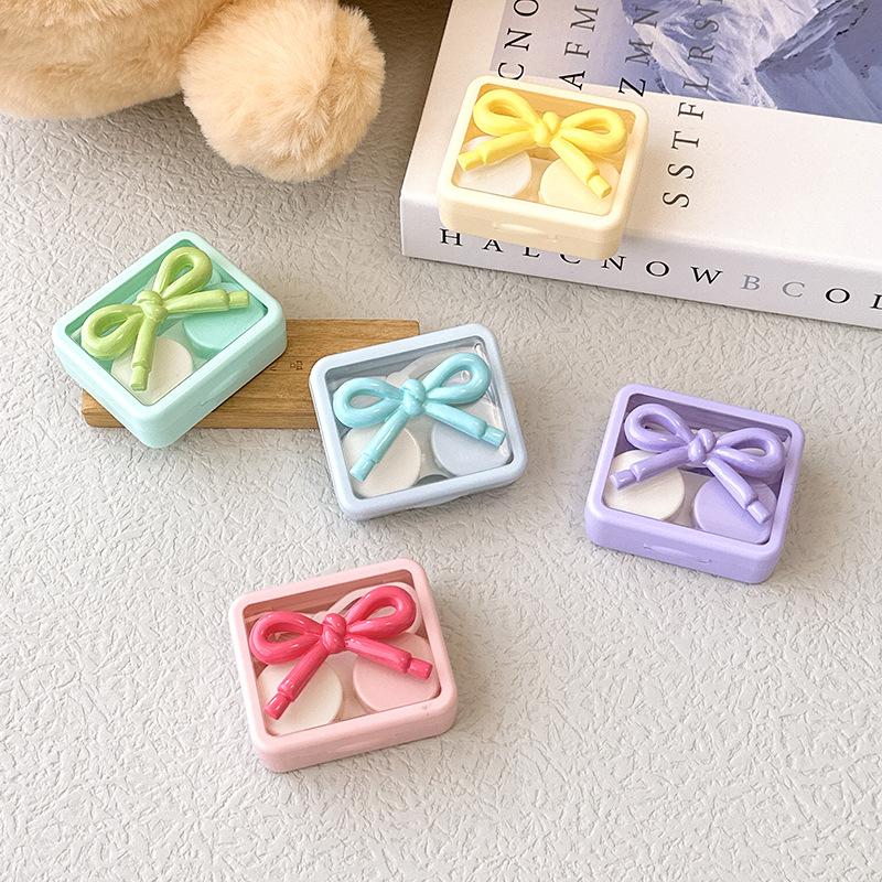 1Set Mini Contact Lenses Box Purple Pink Candy Color Contact Lens Case with Bow Decoration for Women Holder Eyewear Accessories