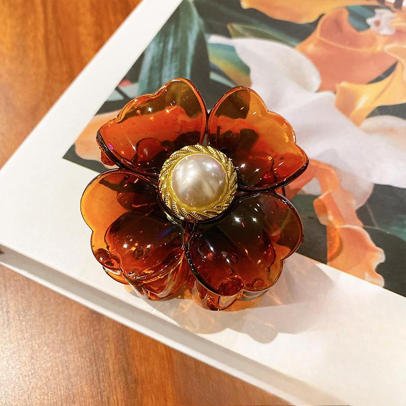 

Большая стильная заколка для волос на затылок с заколкой для волос в виде цветка яйца и жемчужины янтарь
