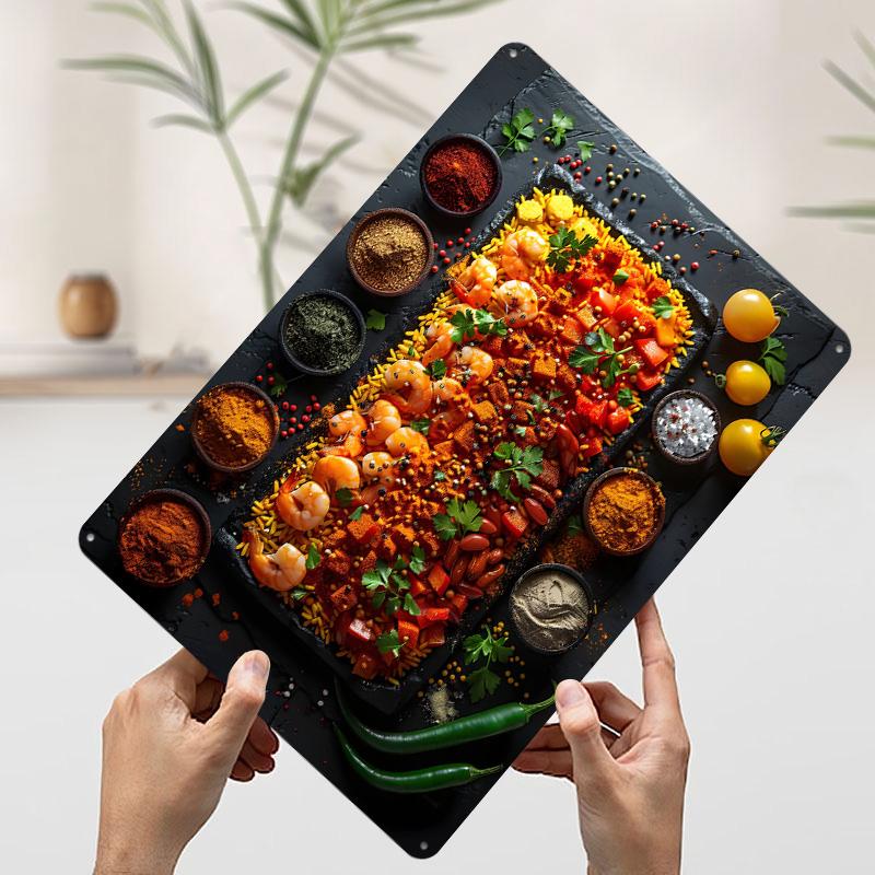 

Shrimp and Vegetable Paella Platter Tinplate Poster Customized Wall Art Vintage Retro Metal Signs for Home Decor Living Room 20x30cm（7.8x11.8inch）