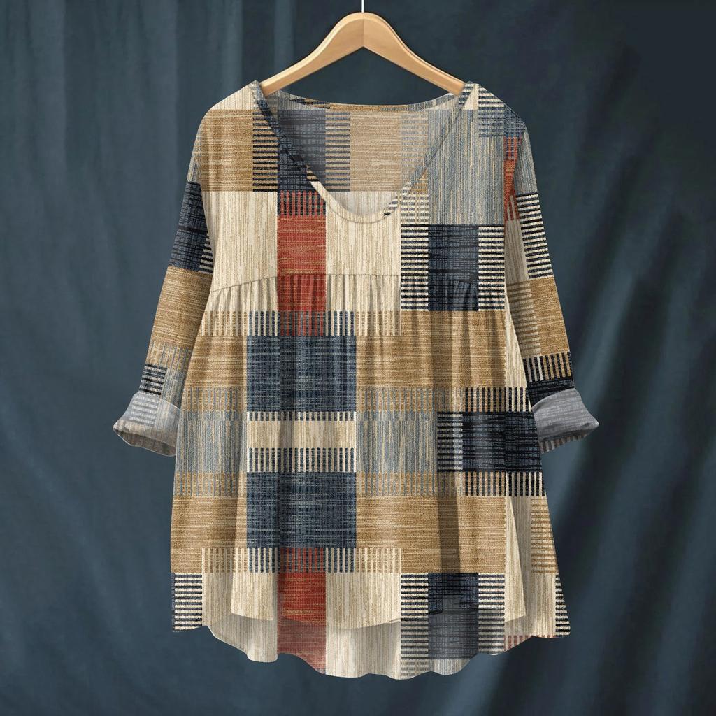 Women's Fashionable And Casual Shirt Long-sleeved V-neck Print Cotton And Linen Blouse