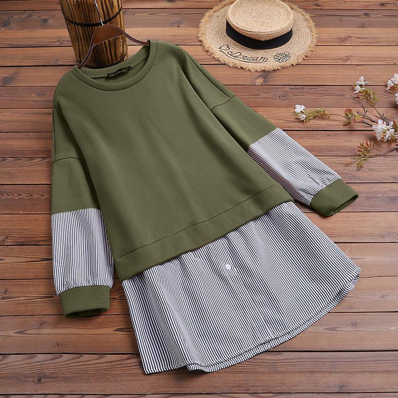 

ZANZEA женские лоскутные рубашки в полоску с длинными рукавами, повседневные свободные блузки, топы