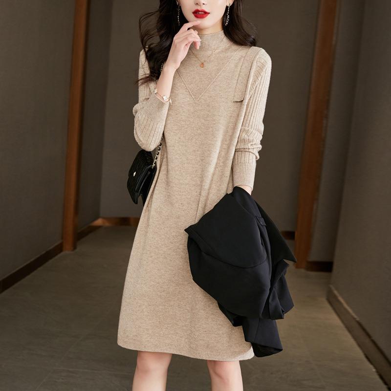 With coat sweater skirt women's autumn and winter wear knitted dress semi-turtleneck medium and long inner bottoming shirt