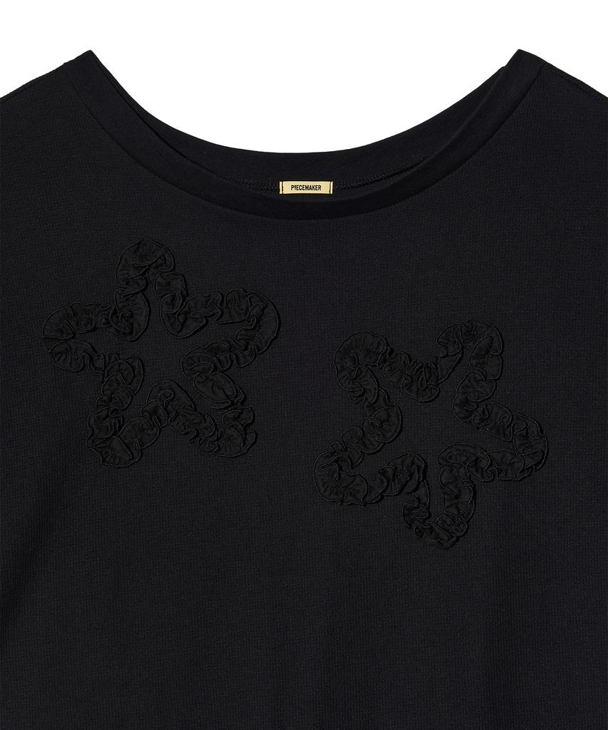 PEACE MAKER Flower Off-Shoulder Waffle Ls (Black)