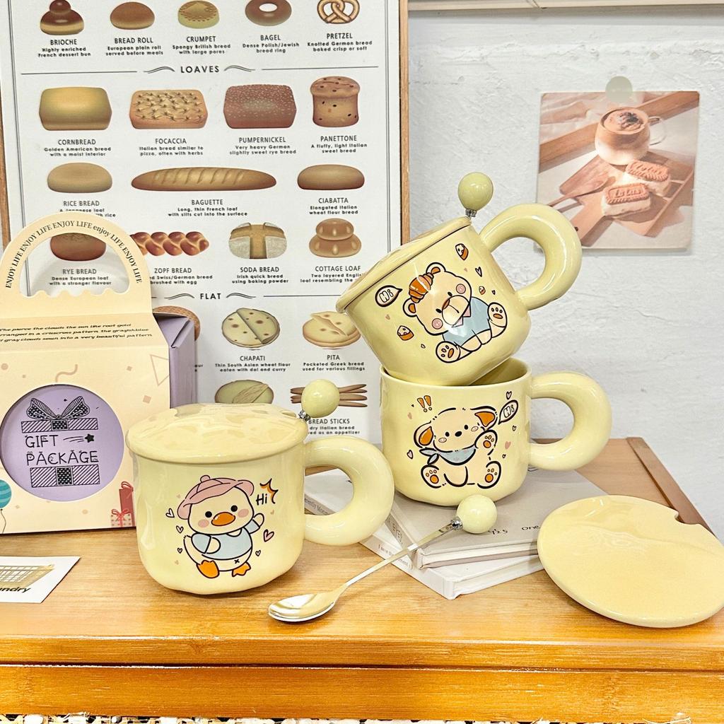 Cartoon Bear Birthday Gift Ceramic Mug with Lid Spoon Cup for Girls with High Appearance Household Water Cup Coffee Cup