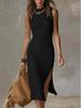 2026 European Women's Sleeveless Solid Vest & High Slit Knit Dress