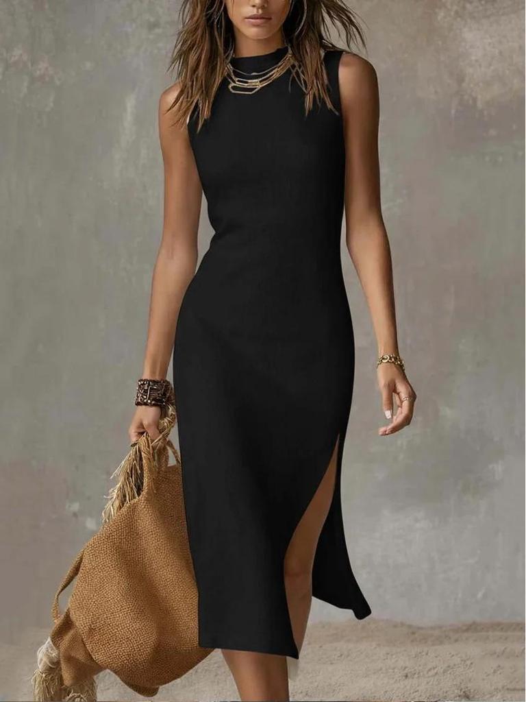 2026 European Women's Sleeveless Solid Vest & High Slit Knit Dress