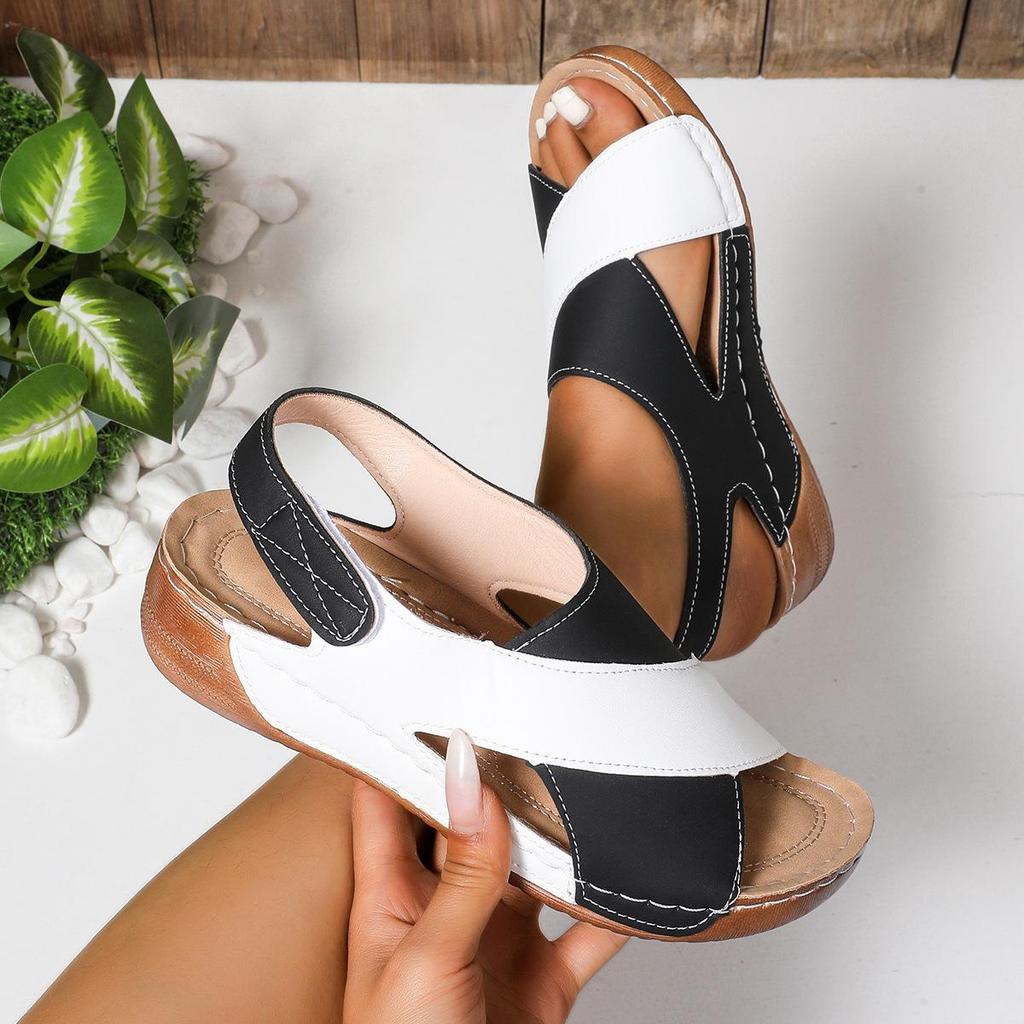 Sandali da donna con zeppa a contrasto e tacco alto, scarpe casual a punta aperta con suola spessa, comodi sandali con cinturino alla caviglia