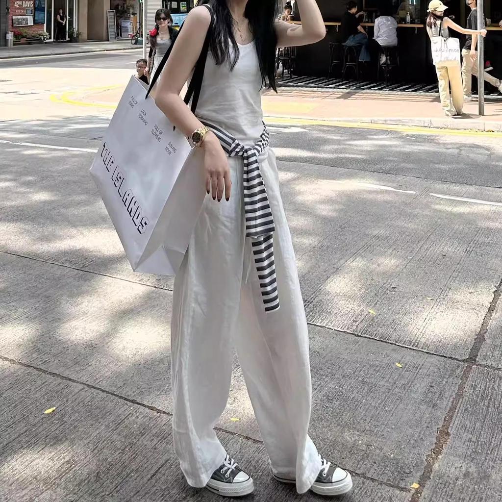 Women's White Cotton Linen Wide-Leg Pants - Slimming, Lightweight, Ice Silk, Casual Spring/Summer 2026