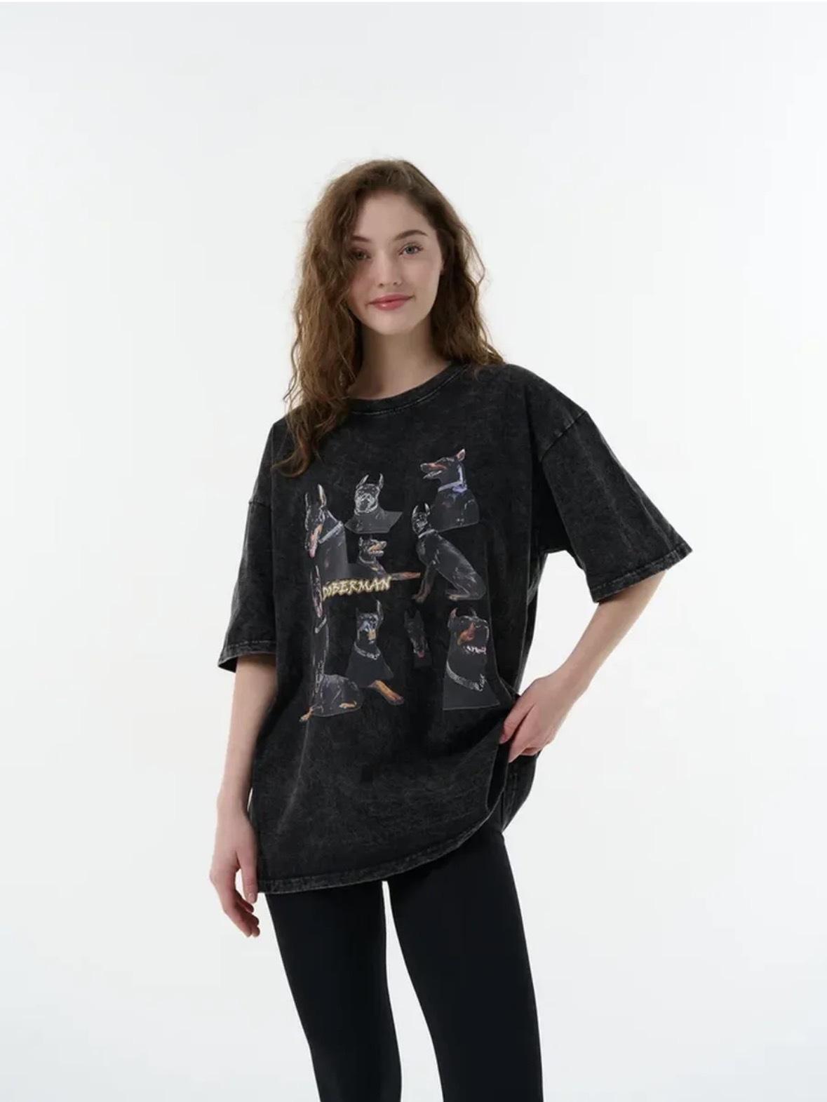 Unisex Doberman Print Retro Washed Cotton Heavyweight T-Shirt XL промывают черный