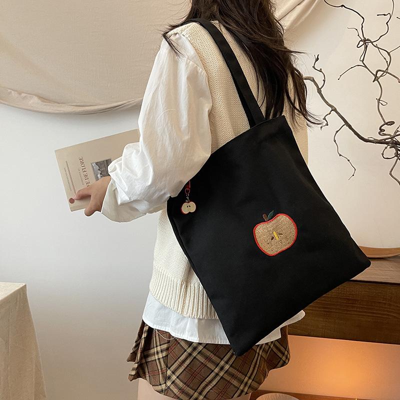 2025 New Canvas Bag Christmas Cute Apple Embroidery New Tote Bag Art College Student Shoulder Bag