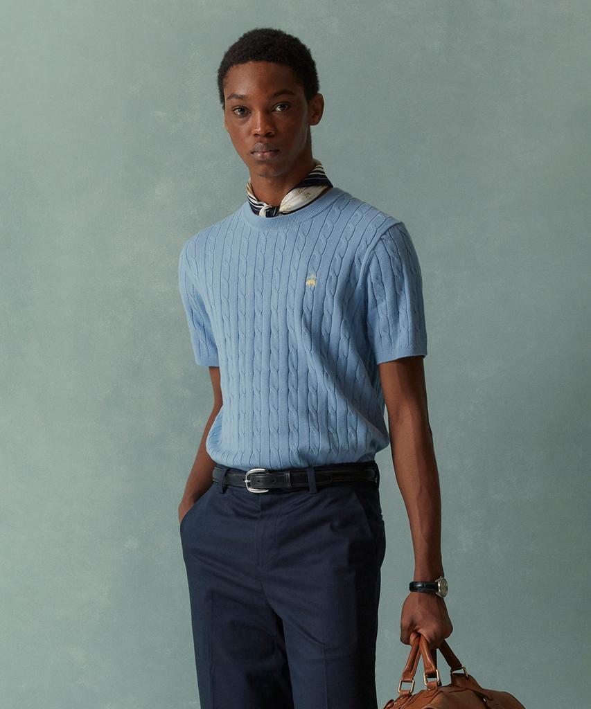 BROOKS BROTHERS Cotton Cable Crew Neck Short Sleeve Sweater (Blue) (Bbwrmog203)