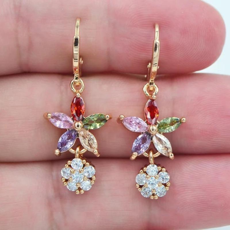 Gorgeous Flower Round Geometry Gold Color Earrings for Women Metal Inlaid Red Blue White Stone Earrings Jewelry