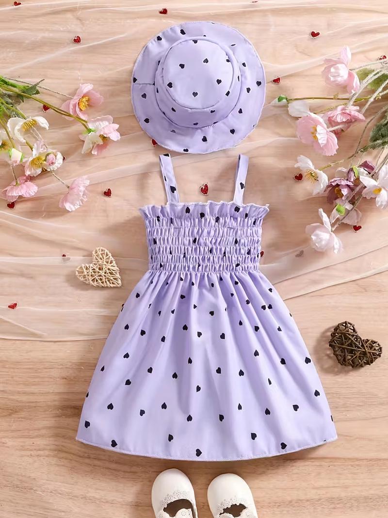 

2Pcs Girls Summer Dress Set 0-3 Years Sleeveless Heart Print Camisole Dress with Hat Baby Princess Outfit Cute Toddler 6-9M фиолетовый