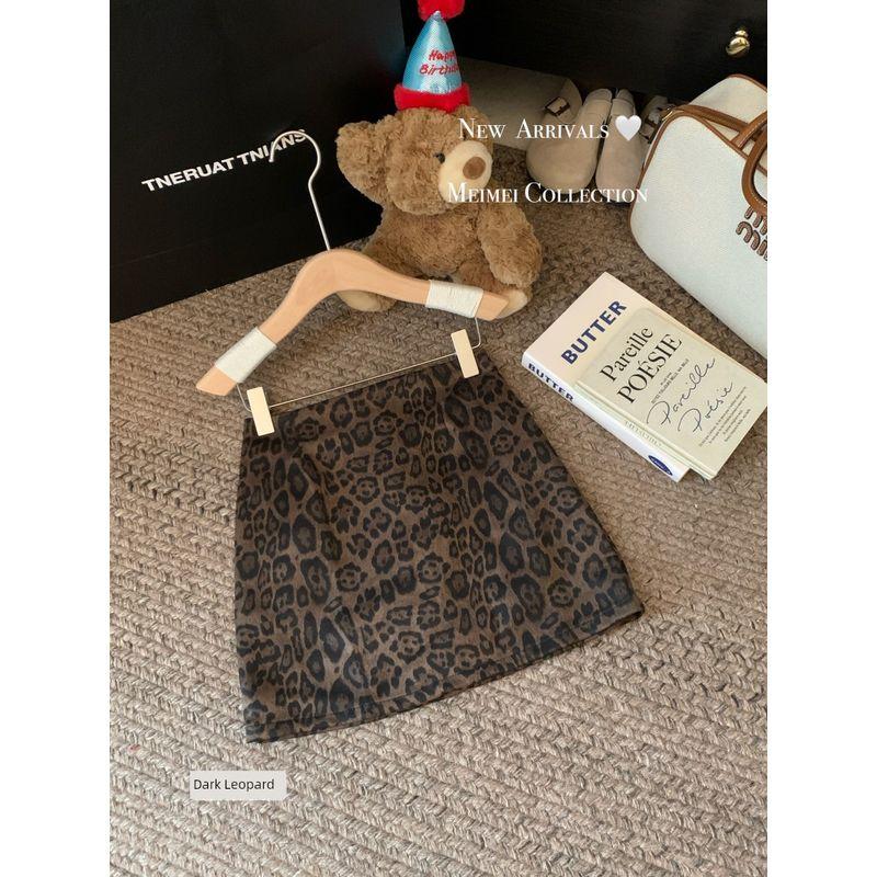 

Kumikumi Leopard Print Deerskin Velvet Skirt A- Line Skirt Women clothes Autumn Retro High Waist Anti-exposure Sheath Short dress Dark Leopard Dress S