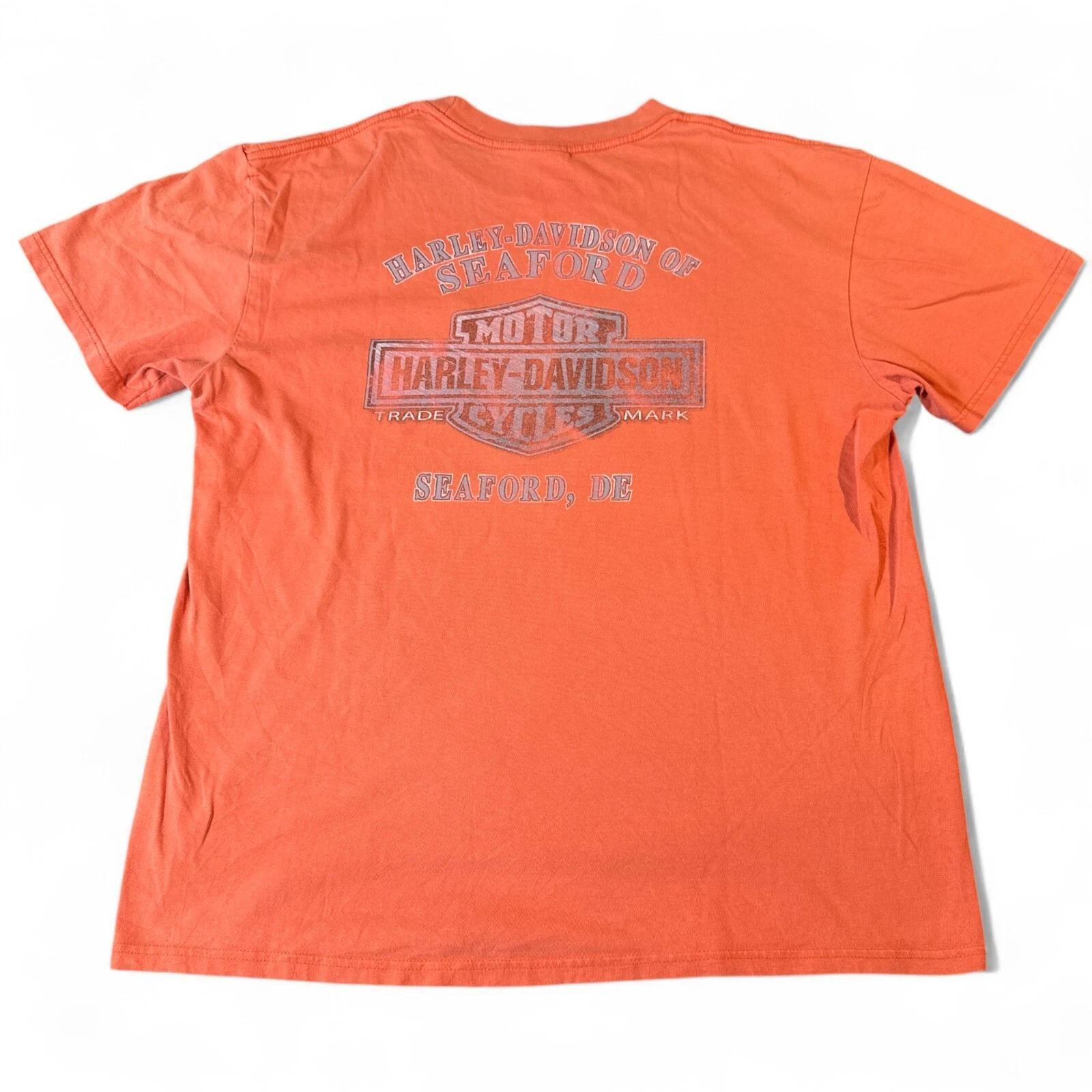 

Harley Davidson T Shirt Adult Size XL Orange Double Sided Motorcycle Biker Tee S