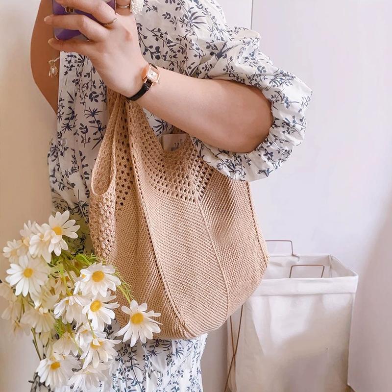 Yogodlns Casual Hollow Women Shoulder Bag Solid Color Large Capacity Summer Woven Beach Bag Foldable Handmade Crochet Tote Bag