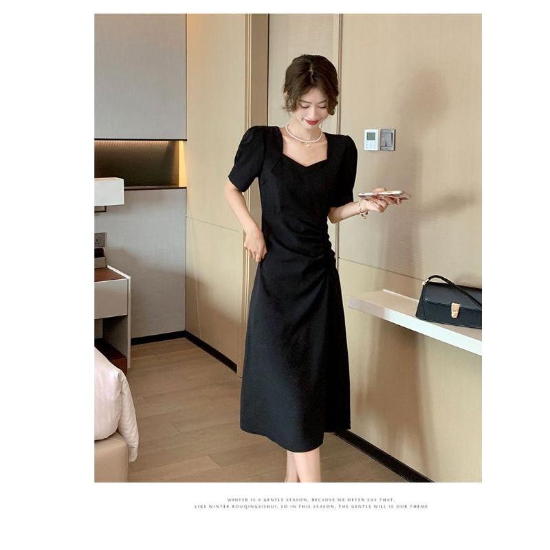 Vestido de verano de Color liso, elegante, con cuello cuadrado, cintura plisada, ajustado, manga de burbuja, vestido de moda