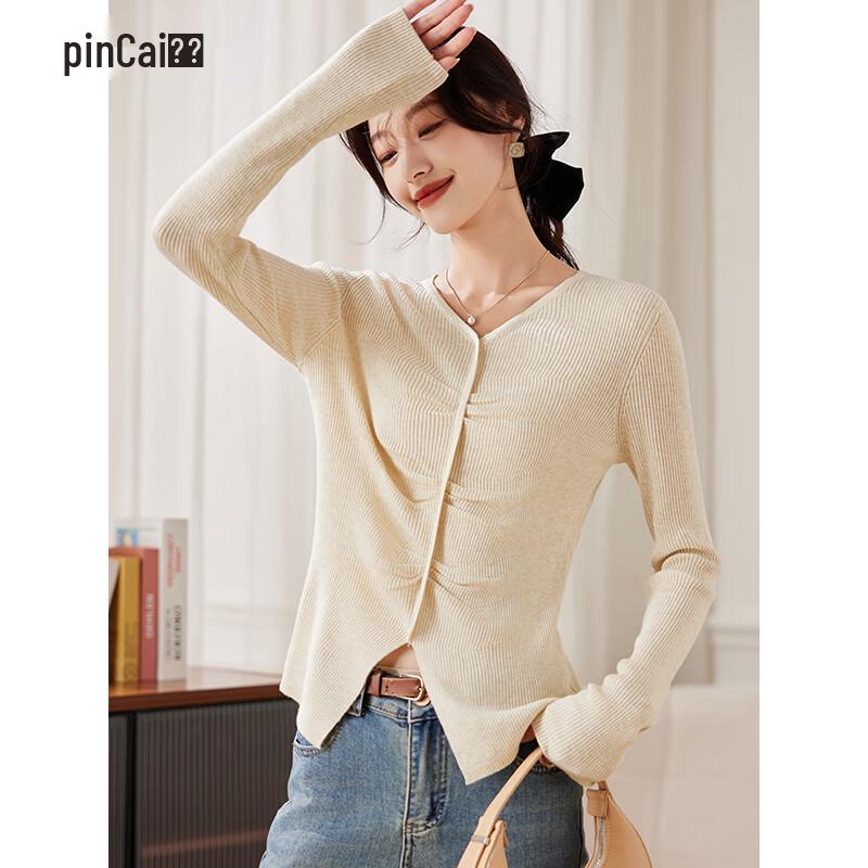 Women s V-Neck Long Sleeve Knit Top with Pleated Split Hem One Size M