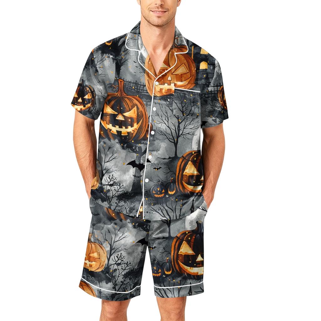 Men's Short Sleeve Pajama Set Button Down Shirt with Curved Hem and Matching Shorts Soft Casual Sleepwear Available In Sizes S To XXXXL