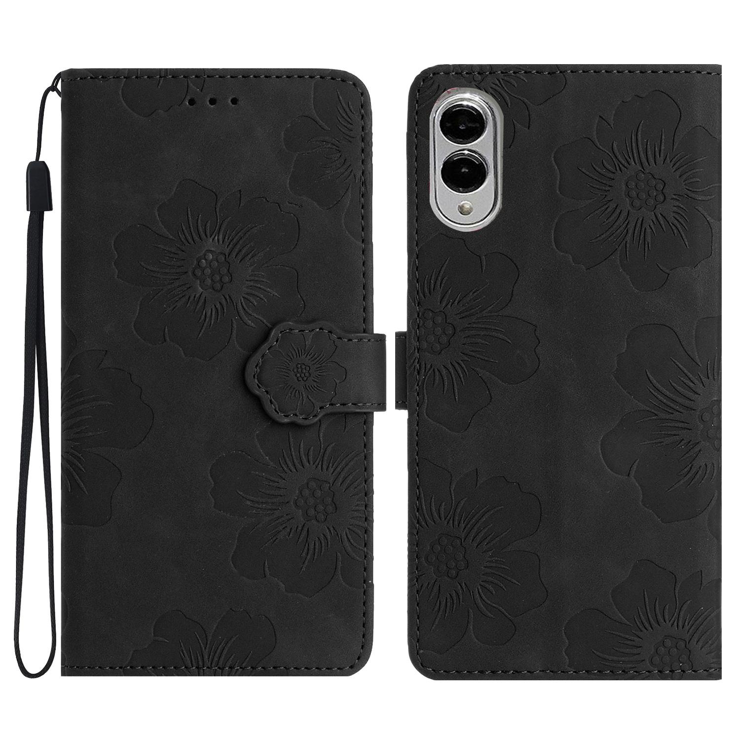 

For Samsung Galaxy S25 Edge Case Flower Design Leather Wallet Phone Cover with Wrist Strap Black