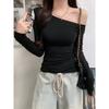 Hong Kong Style One-Shoulder Long-Sleeve Solid Color Slim Fit Chic Women's Top for Spring & Autumn