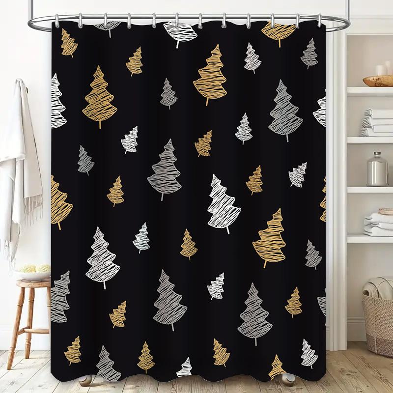 Modern Christmas Tree Shower Curtain Black White Gold Bathroom Decor Waterproof Fabric Washable Black Gold