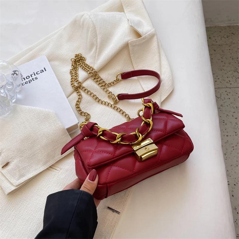 Women's Simple Red Plaid Square Bag Texture High-end Chain Popular Crossbody Bag Sense of Design Shoulder Bag New Fashion