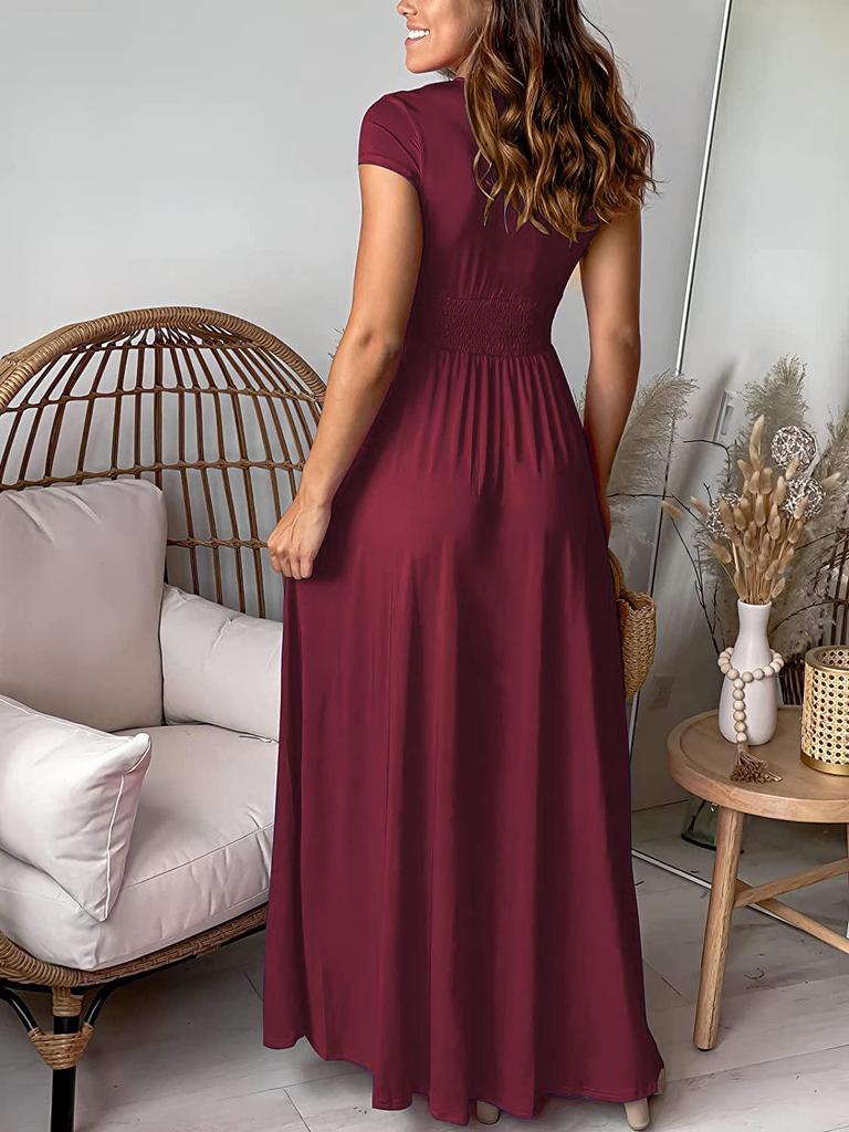Women's V-Neck Short Sleeve High Waist Evening Gown with Ruched Slit