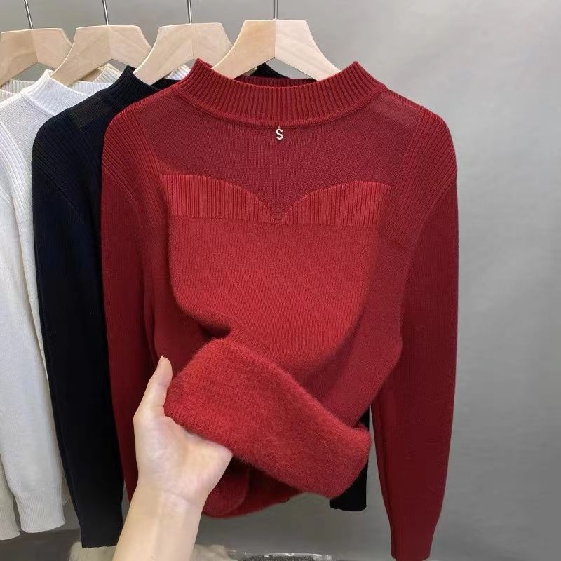 

Женский толстый зимний сетчатый топ с добавлением бархатного свитера, базовая рубашка с полувысоким воротом для женщин 2XL