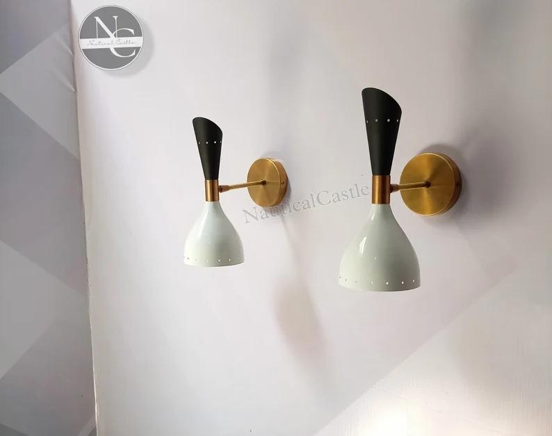 Brass Diabolo Wall Sconce Pair: Mid-Century Italian Light Fixture
