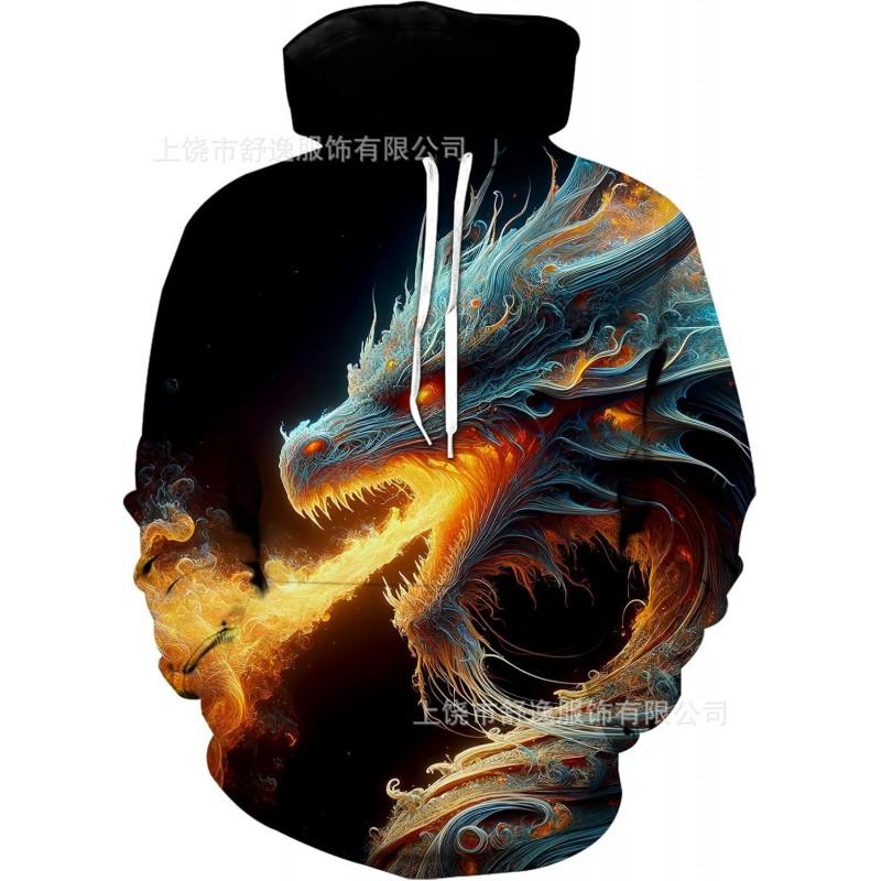 Mens Oversized Hooded Sweatshirt With Digital Print Casual Long Sleeve Top