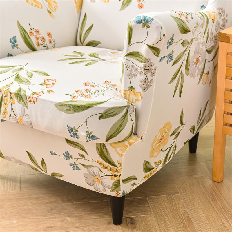 2pcs/set Flower Print Wing Back Chair Cover Anti-dirt Wing Armchair Protector Covers with Seat Cushion Cover for Living Room