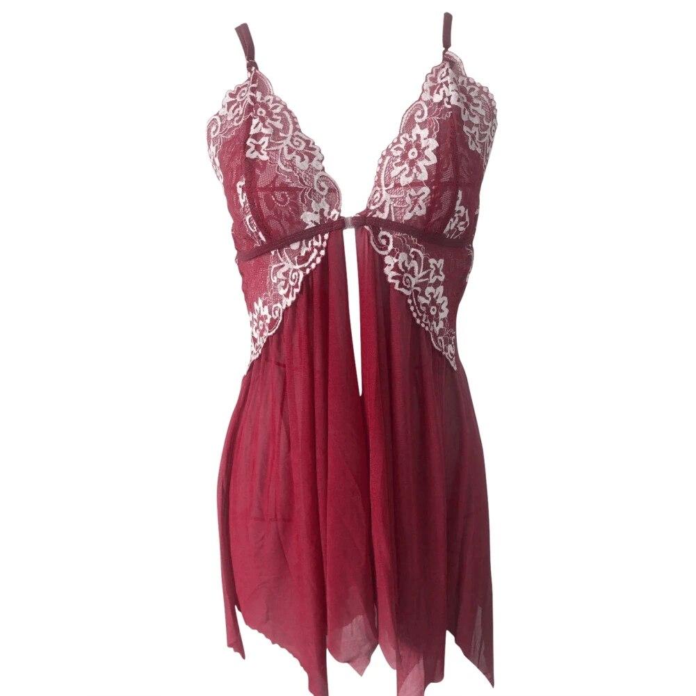 

Женское нижнее белье с застежкой спереди, кружевная сорочка Babydoll с v-образным вырезом, сетчатая одежда для сна, будуарная ночная рубашка на бретелях и стринги L