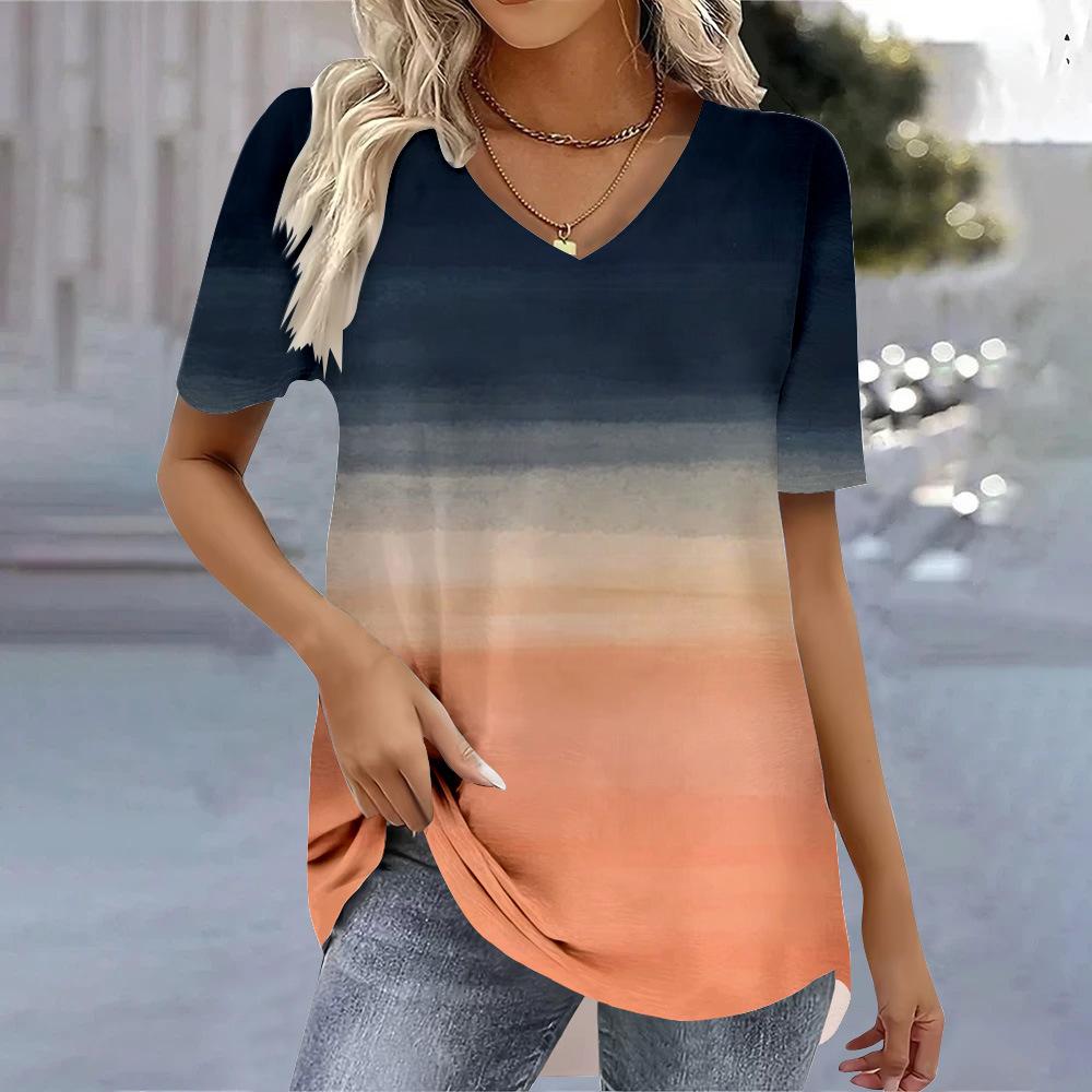 Summer V-neck Geometric & Abstract Pattern 3D Printed Top Fashionable Casual Short Sleeved Women's T-shirts