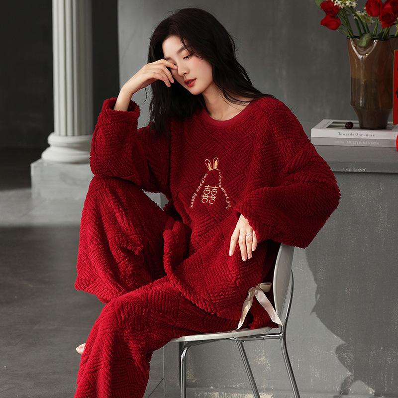 Couple Flannel Red Wedding Pajamas Winter Women's Festive Wedding Autumn and Winter Coral Fleece Loungewear Suit Men