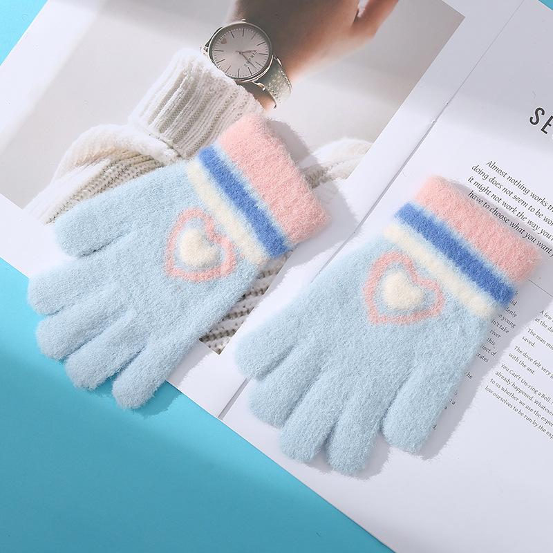 Neue Liebe Gestreiftes Mädchen Warme Handschuhe Winter Kältefest und Verdickt Kinder Gestrickt Fahrrad Spielen Schnee Schreiben Fünf Finger