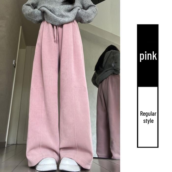 Women's Pink Velvet Wide-Leg High-Waisted Pants - Autumn/Winter Casual Slimming Sweatpants