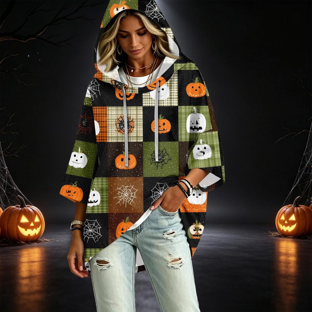 Women's Fashion 3/4 Sleeve Halloween Print Hoodie Pullover Top
