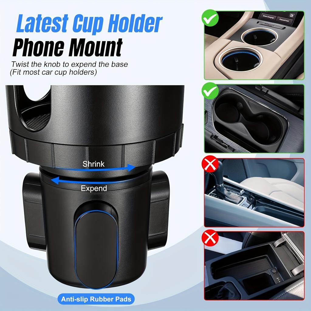2-in-1 Car Cup Phone Mount with Adjustable Base 360-Degree Rotation Compatible with All Smartphones Travel Phone Holder