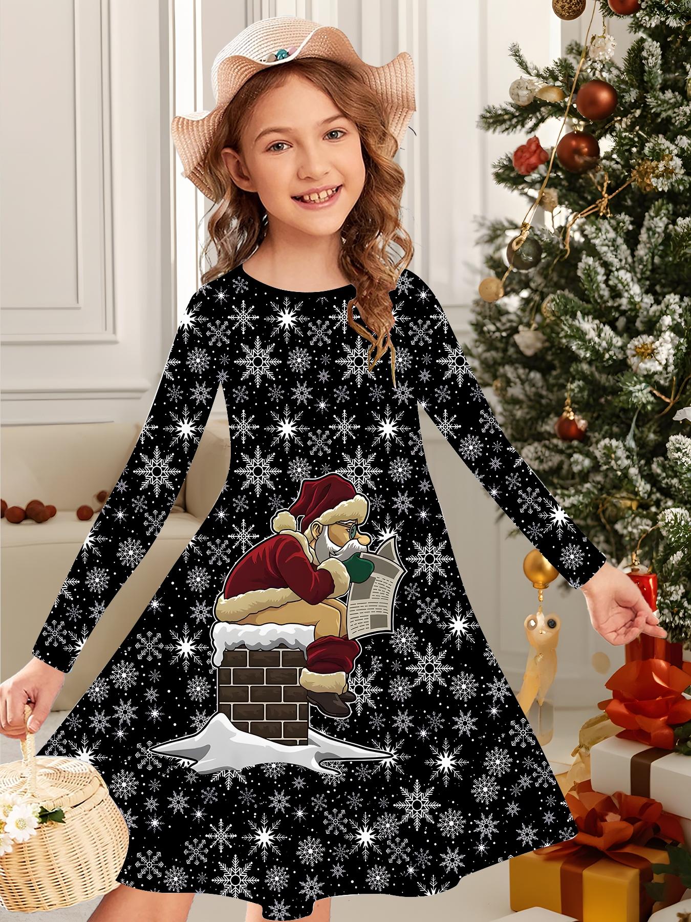 

Модное осенне-зимнее платье для девочек, 3D Рождественский принт, Круглый вырез, Длинное детское платье-футболка, Повседневное универсальное, Рождественская одежда 170 чёрный