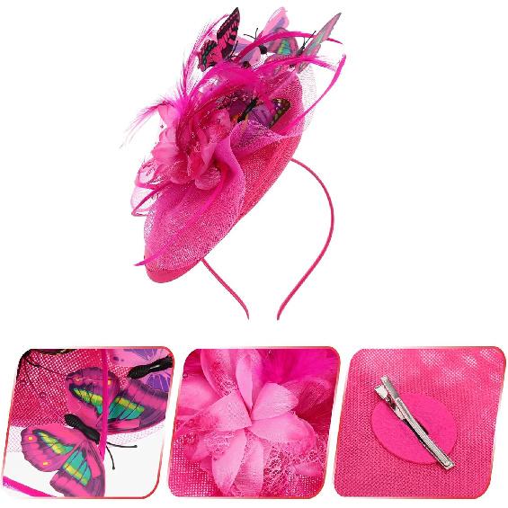 Tea Party Fascinator Headband with 3D Butterfly Decoration, Rose Red Pillbox Hat for Women, Lightweight Special Occasion Hair Accessory