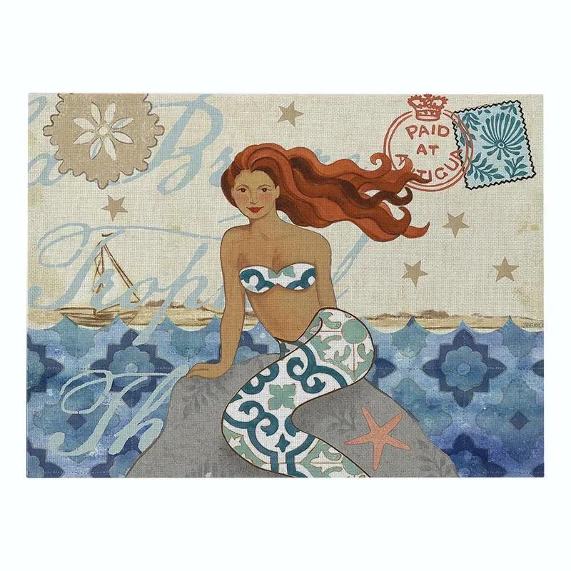 

4PC Mermaid Pattern Kitchen Placemat Marine Life Decorative Table Mats Linen Waterproof Drink Coasters Sea Turtle 30x45cm-4PC