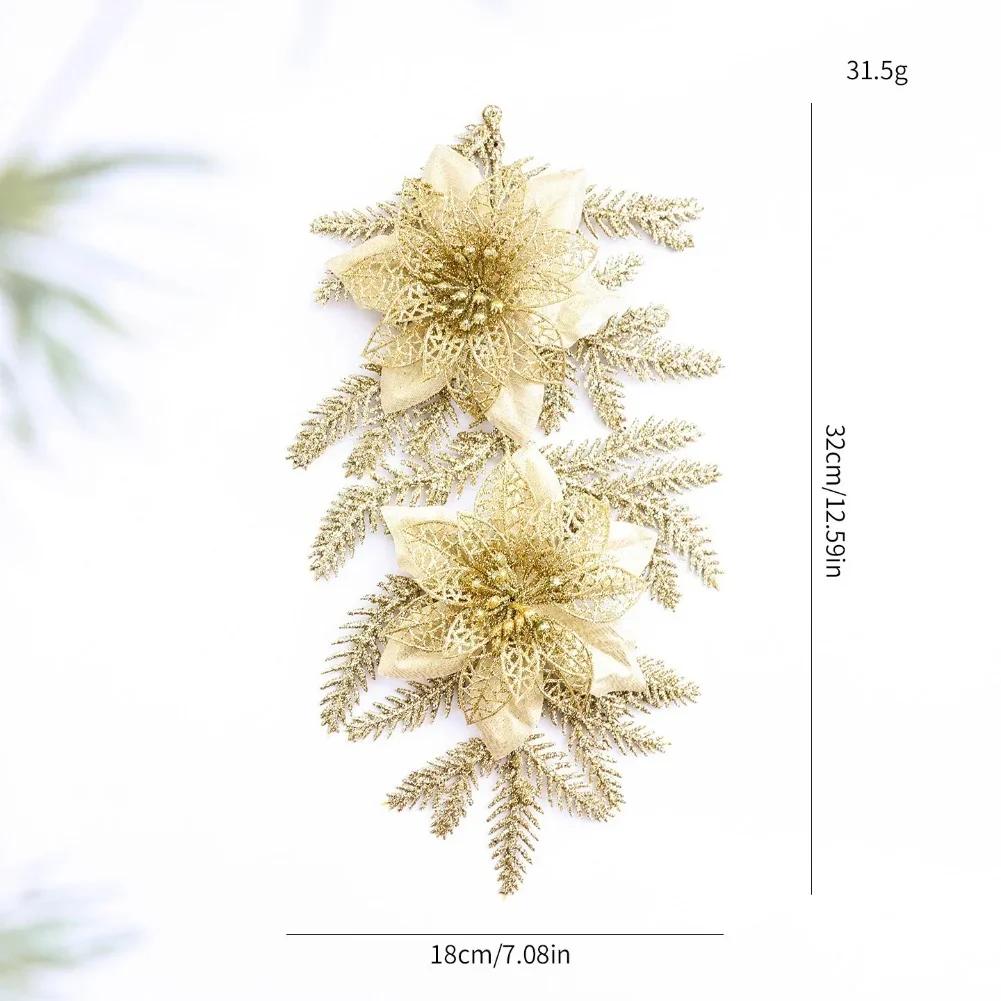 2pcs Gold Glittered Christmas Floral Arrangement Holiday Decor For Trees Gold Dusted Christmas Flower 18x32cm