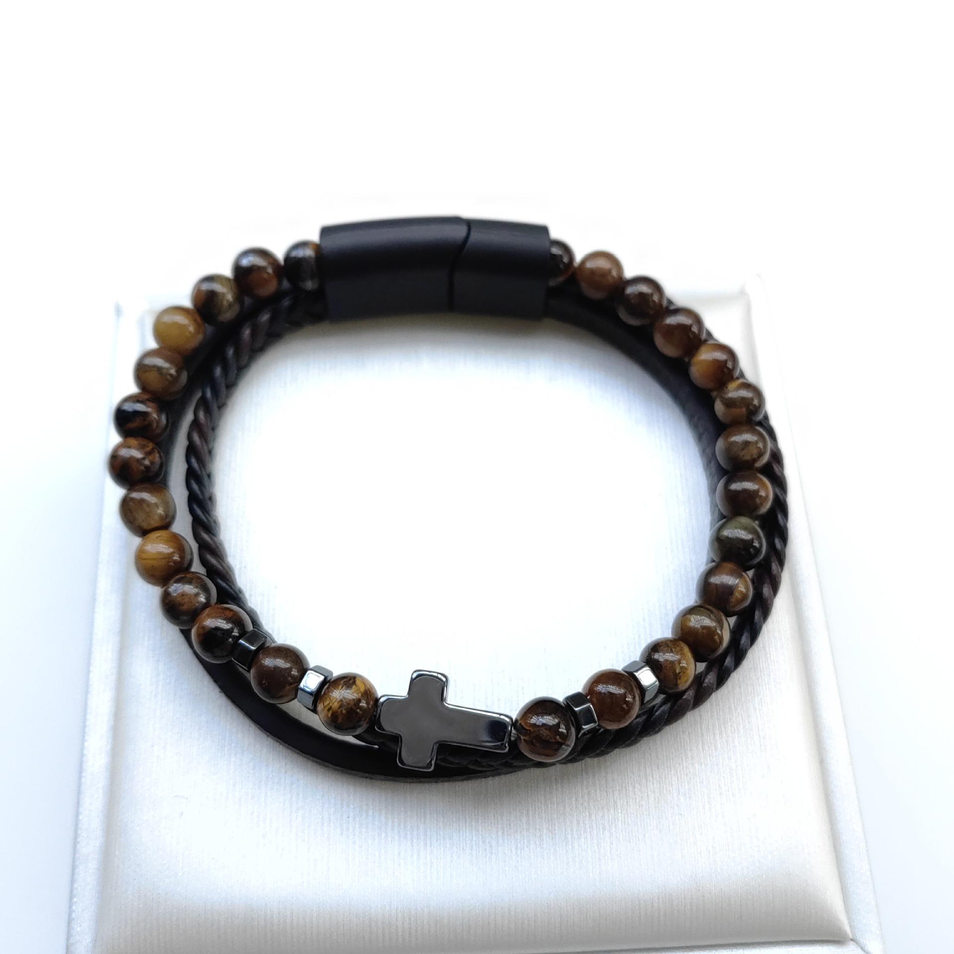 Multi-Layer Leather  Stone Cross Bracelet - Fashionable Woven Design