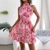 Women Summer Floral Short Sleeveless Halter Neck Ruffled Lace Up A Line Dress XXL Temperament Fashion